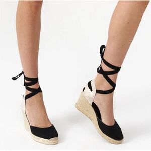Soludos Black Marseille Espadrilles ankle tie wedges US women’s 8
